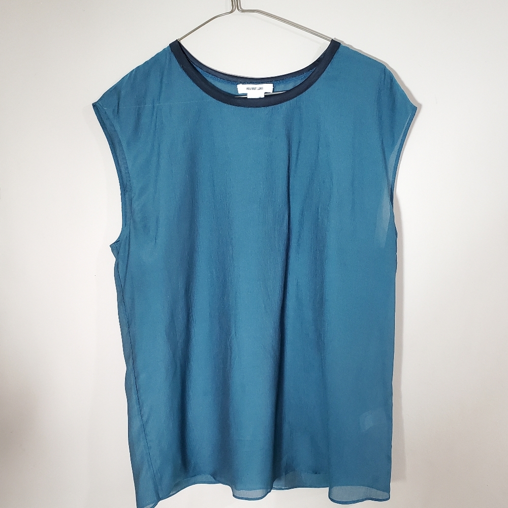 Helmut Lang sheer loose fitting shirt in blue/green tone with black accent